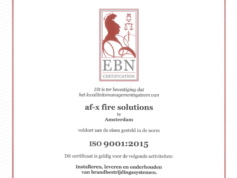 AF-X Fire Solutions ISO 9001 :2015 certificaat
